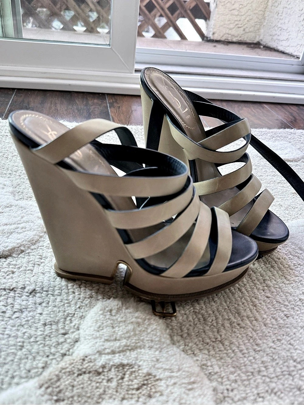YSL Saint Laurent  Strappy Wedge Sandals in Tan & Black US 9